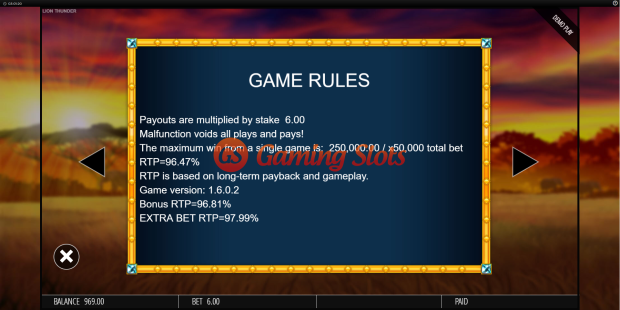 Game Rules for Lion Thunder slot from BluePrint Gaming
