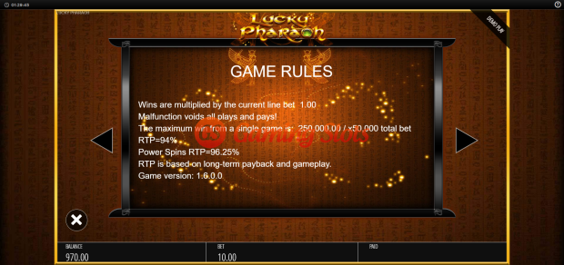 Game Rules for Lucky Pharaoh slot from BluePrint Gaming