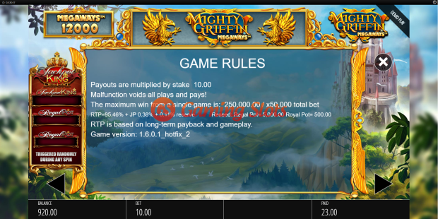 Game Rules for Mighty Griffin Megaways slot from BluePrint Gaming