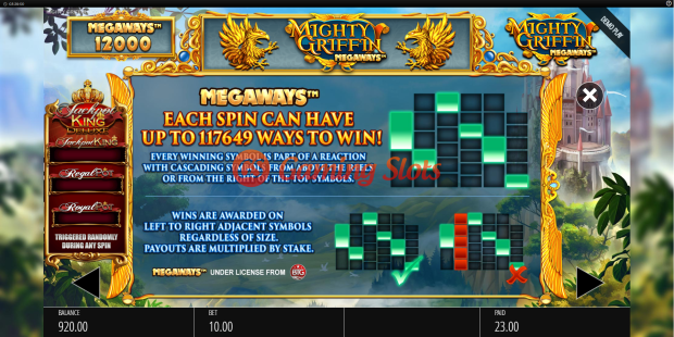 Pay Table for Mighty Griffin Megaways slot from BluePrint Gaming