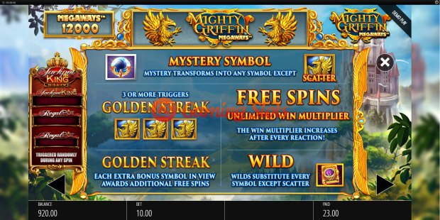 Pay Table for Mighty Griffin Megaways slot from BluePrint Gaming