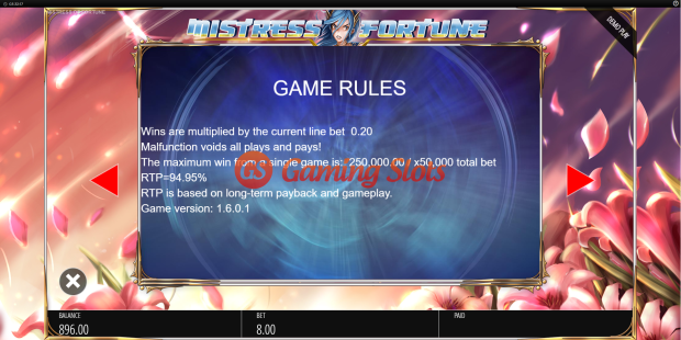 Game Rules for Mistress of Fortune slot from BluePrint Gaming