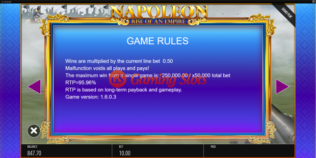Game Rules for Napoleon: Rise of an Empire slot from BluePrint Gaming
