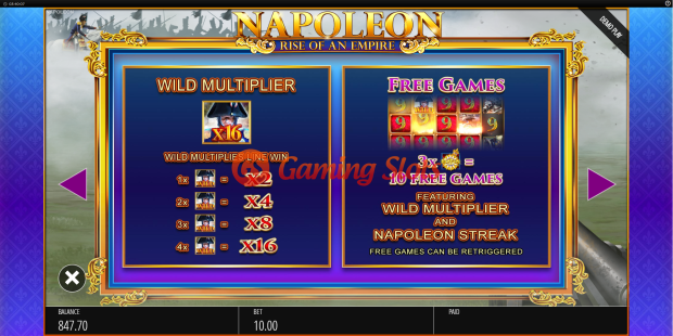 Pay Table for Napoleon: Rise of an Empire slot from BluePrint Gaming