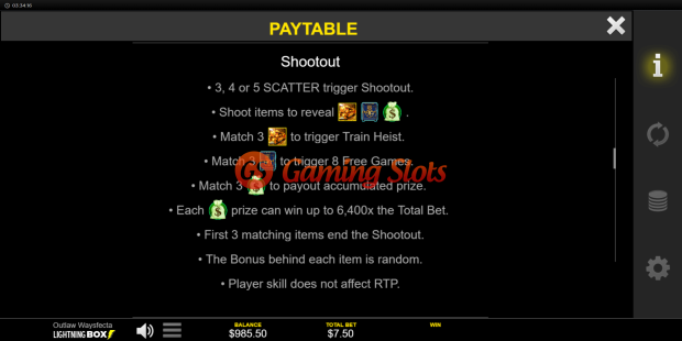 Pay Table for Outlaw Waysfecta slot from Lightning Box Games