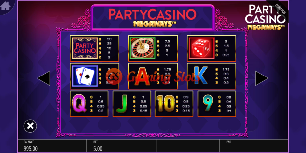 Pay Table for Party Casino Megaways slot from BluePrint Gaming