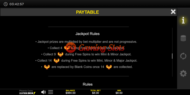 Game Rules for Phoenix Coins slot from Lightning Box Games