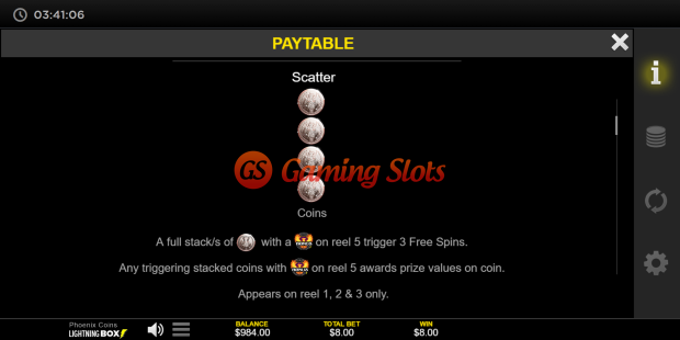 Pay Table for Phoenix Coins slot from Lightning Box Games