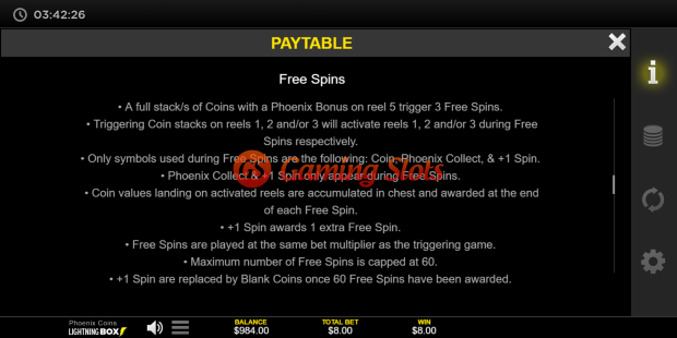 Pay Table for Phoenix Coins slot from Lightning Box Games