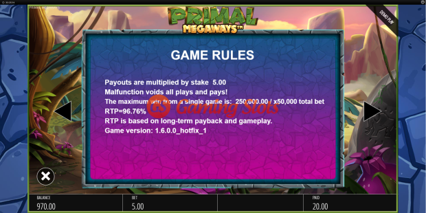 Game Rules for Primal Megaways slot from BluePrint Gaming