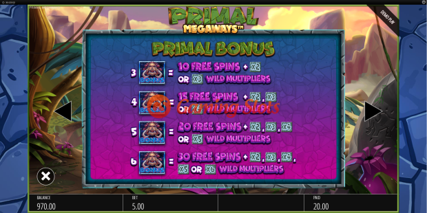 Pay Table for Primal Megaways slot from BluePrint Gaming