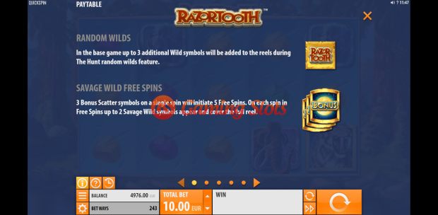 Pay Table and Game Info for Razortooth slot from Quickspin