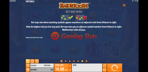 Pay Table and Game Info for Razortooth slot from Quickspin