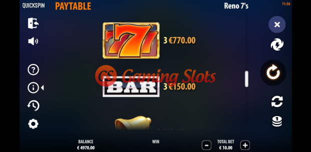 Pay Table and Game Info for Reno 7's slot from Quickspin