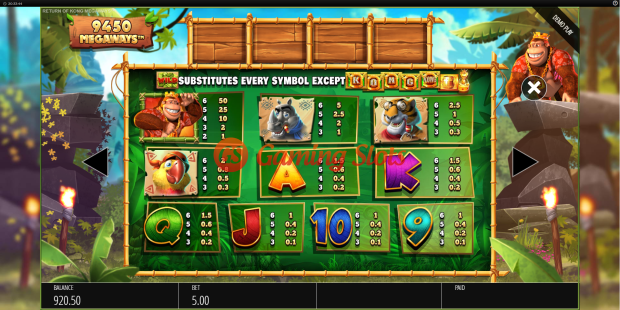Pay Table for Return of Kong Megaways slot from BluePrint Gaming