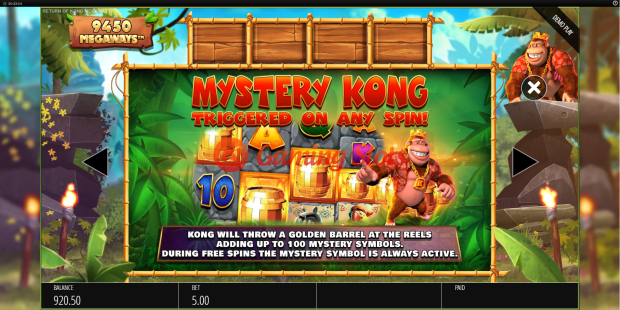 Pay Table for Return of Kong Megaways slot from BluePrint Gaming