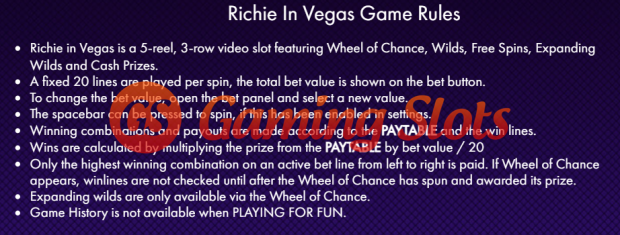 Game Rules for Richie in Vegas slot from Iron Dog Studio