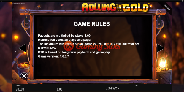 Game Rules for Rolling in Gold slot from BluePrint Gaming
