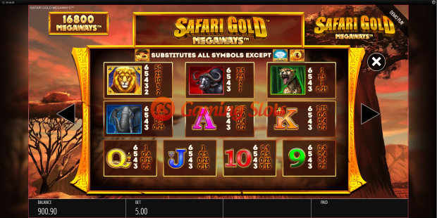Pay Table for Safari Gold Megaways slot from BluePrint Gaming