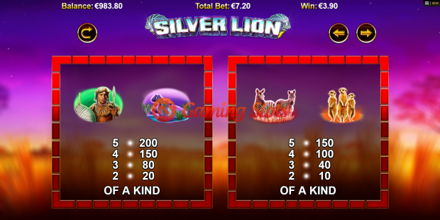Pay Table for Stellar Jackpots With Silver Lion slot from Lightning Box Games
