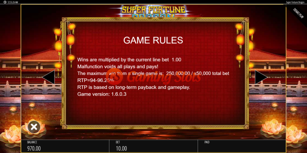 Game Rules for Super Fortune Dragon slot from BluePrint Gaming