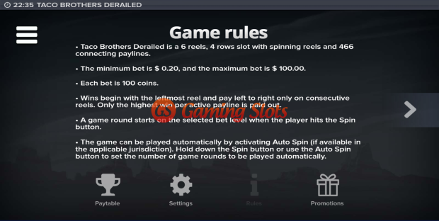 Game Rules for Taco Brothers Derailed slot from Elk Studios