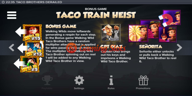 Pay Table for Taco Brothers Derailed slot from Elk Studios