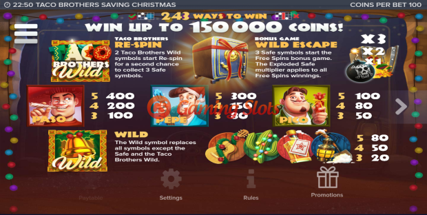 Pay Table for Taco Brothers Saving Christmas slot from Elk Studios