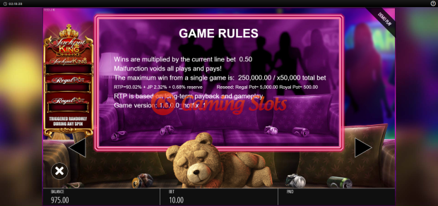 Game Rules for Ted Jackpot King slot from BluePrint Gaming