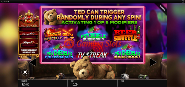 Pay Table for Ted Jackpot King slot from BluePrint Gaming