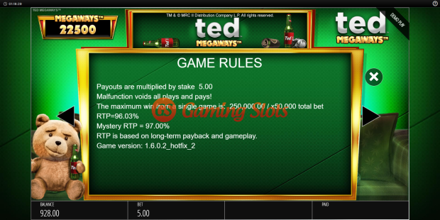 Game Rules for Ted Megaways slot from BluePrint Gaming