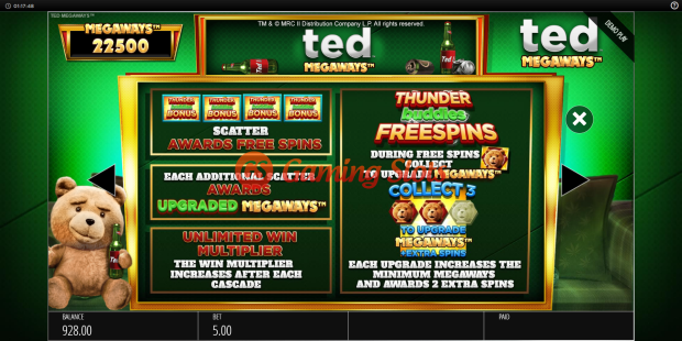 Pay Table for Ted Megaways slot from BluePrint Gaming