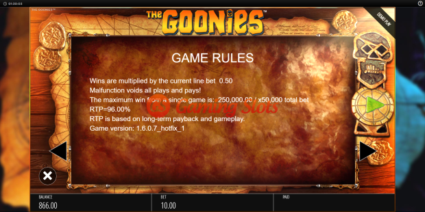 Game Rules for The Goonies slot from BluePrint Gaming