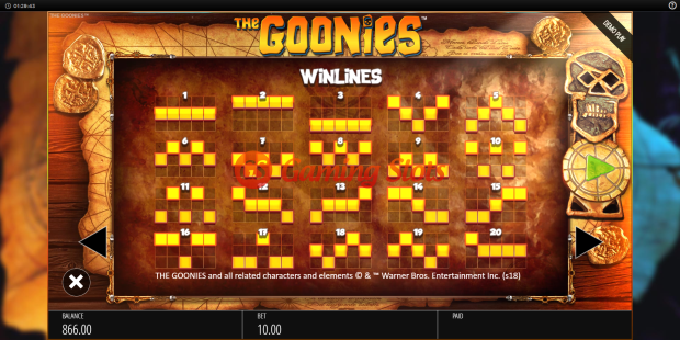 Pay Table for The Goonies slot from BluePrint Gaming