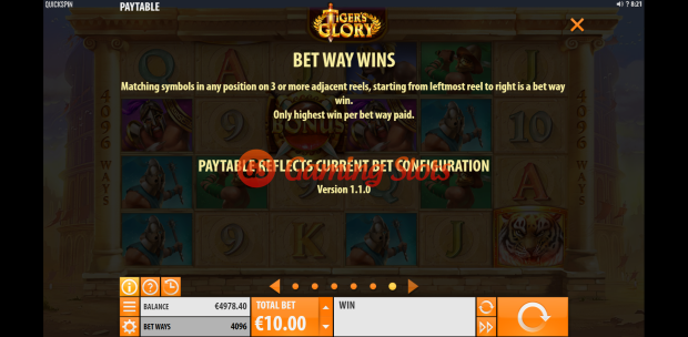 Pay Table and Game Info for Tiger's Glory slot from Quickspin