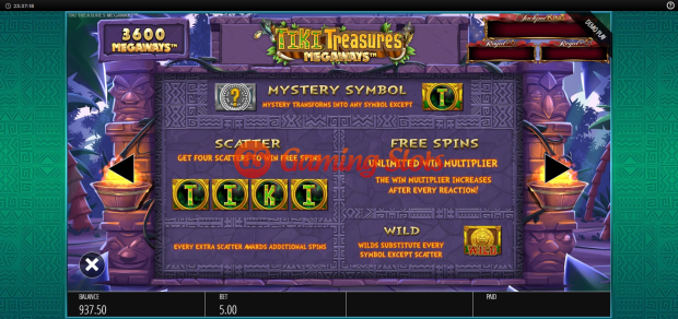 Pay Table for Tiki Treasures Megaways slot from BluePrint Gaming