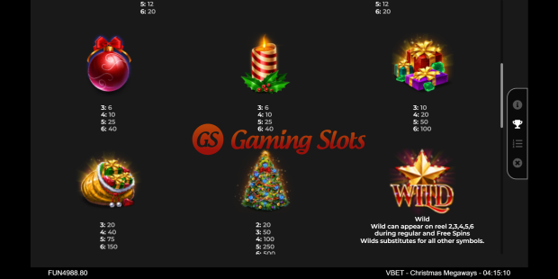 Pay Table for Vbet Christmas Megaways slot from Iron Dog Studio