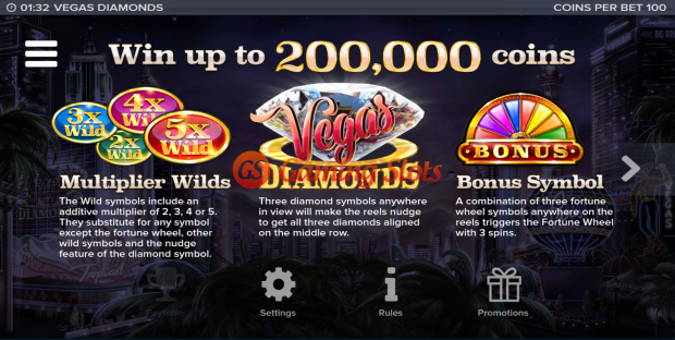 Pay Table for Vegas Diamonds slot from Elk Studios
