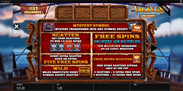 Pay Table for Vikings Unleashed Megaways slot from BluePrint Gaming