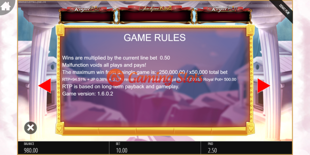 Game Rules for Whole Lotta Love Jackpot King slot from BluePrint Gaming