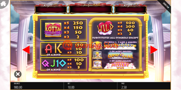 Pay Table for Whole Lotta Love Jackpot King slot from BluePrint Gaming