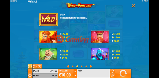 Pay Table and Game Info for Wins of Fortune slot from Quickspin