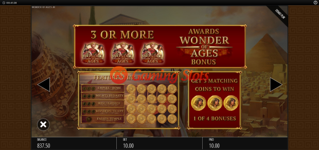 Pay Table for Wonder of Ages slot from BluePrint Gaming