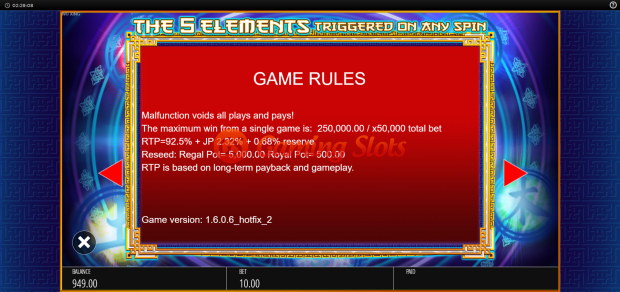 Game Rules for Wu Xing slot from BluePrint Gaming