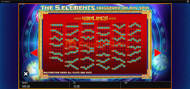Pay Table for Wu Xing slot from BluePrint Gaming