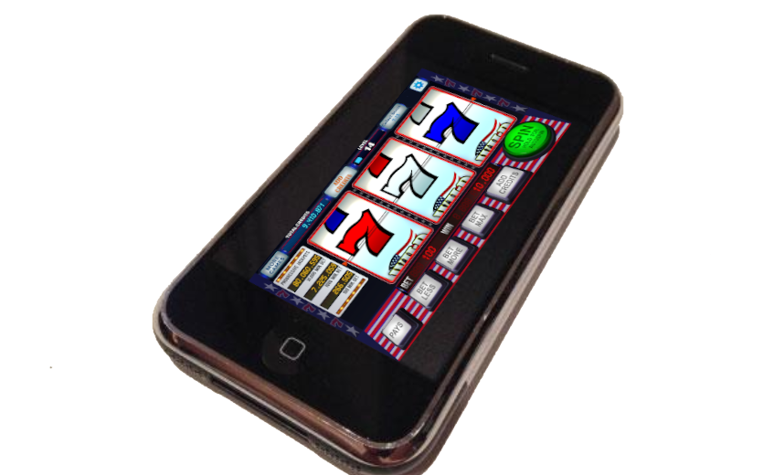 A 3 reel slot game on the screen of an iPhone 1