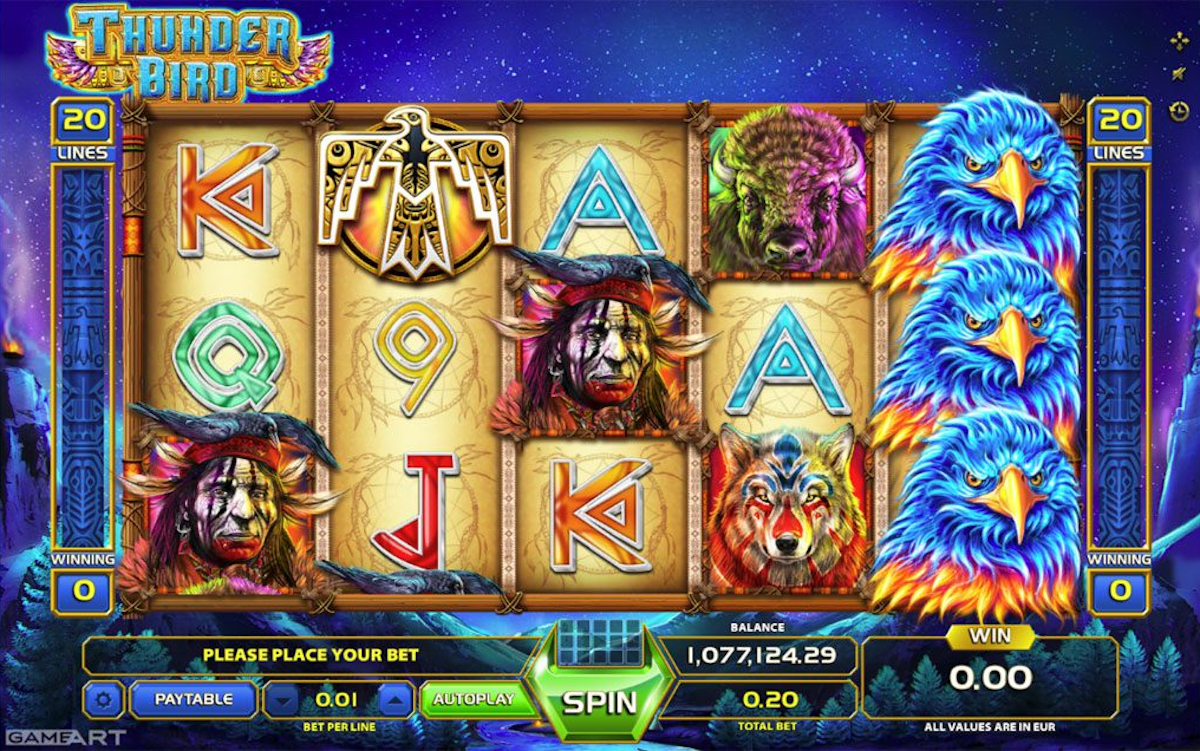 A screenshot of the base game of Thunderbird slot from Gameart