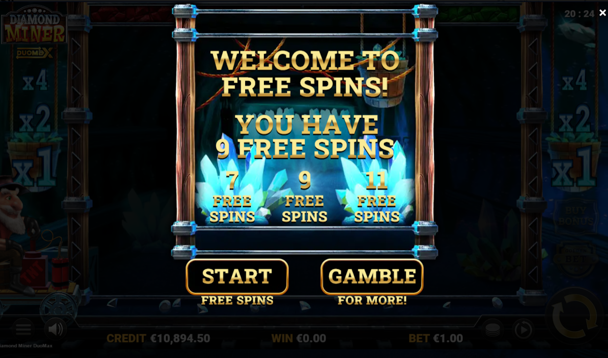 diamond miner duomax slot free spins award by reflex gaming