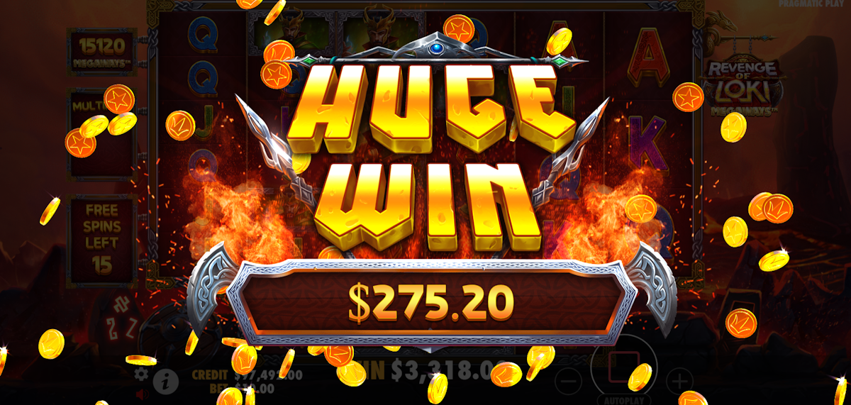 revenge of loki megaways slot huge win screen by pragmatic play