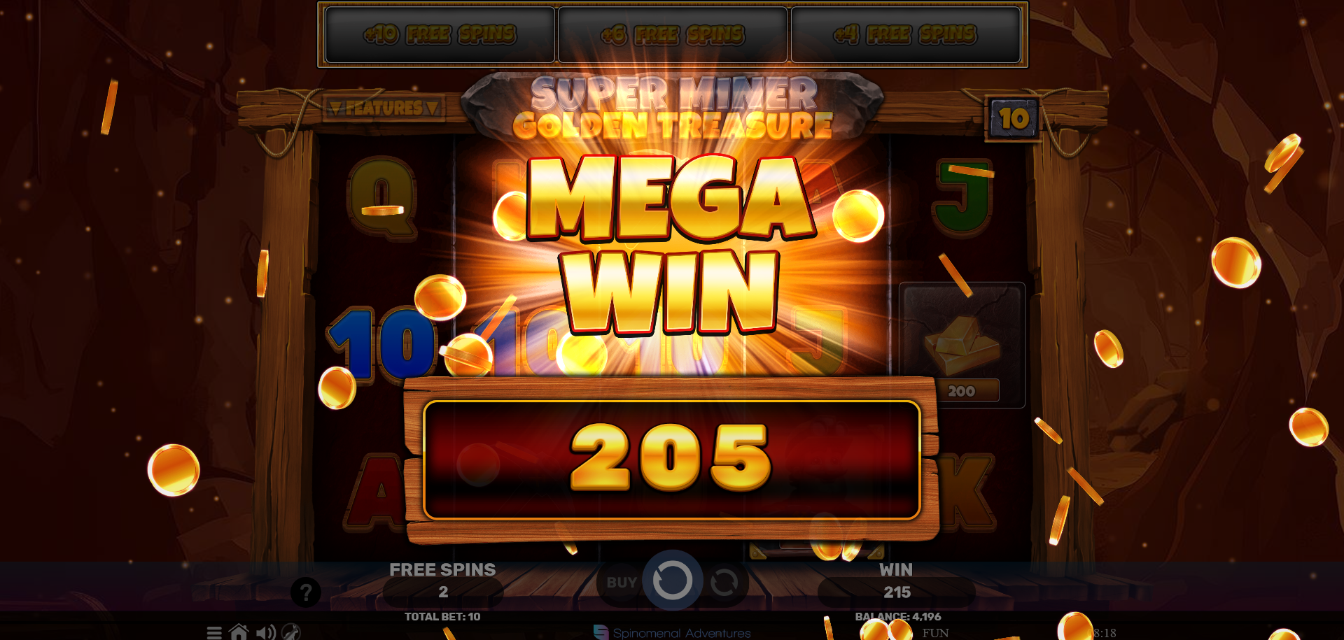 super miner golden treasure mega win screen by spinomenal